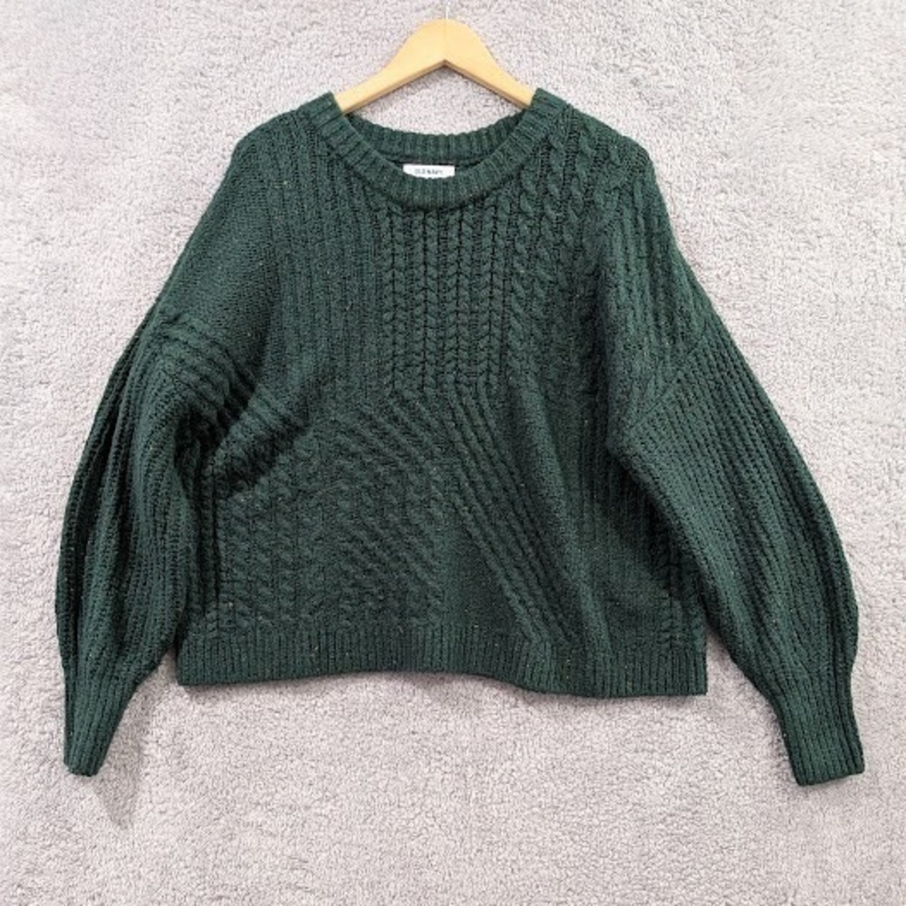 Old Navy Cable Knit Sweater Womens Large Forest Green Flecked Crew Neck Pullover